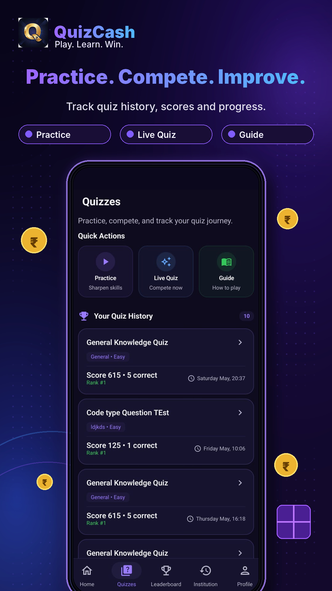 Praveenya practice quizzes screen